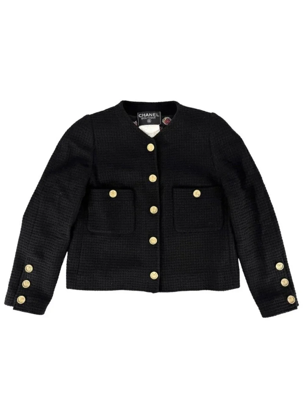Chanel Set CC Logo Chain Collarless Jacket Skirt Vintage 38 Black Gold Wool